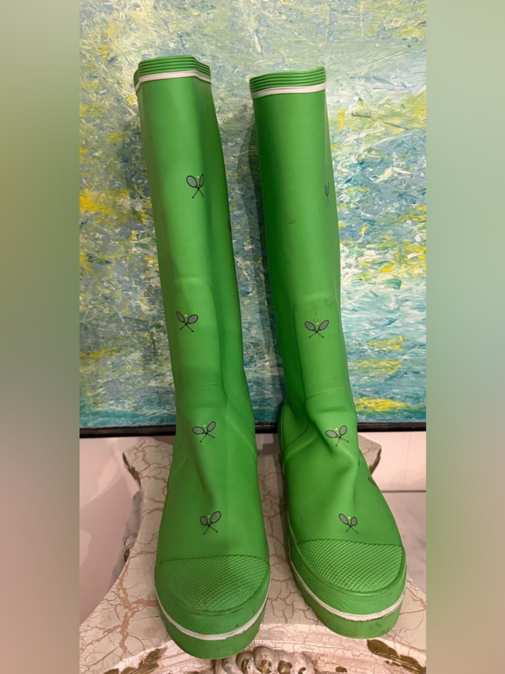 J. Crew Green Rubber Tennis Motif Rain Boots